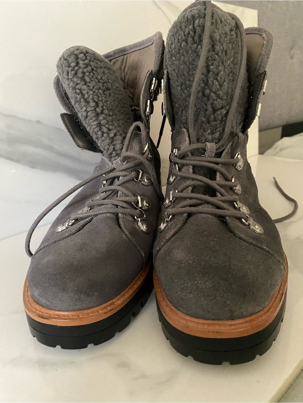 Marc Fisher Isalia Lace-Up Hiker Ankle Boots Gray Suede 10M Grip Sole Winter